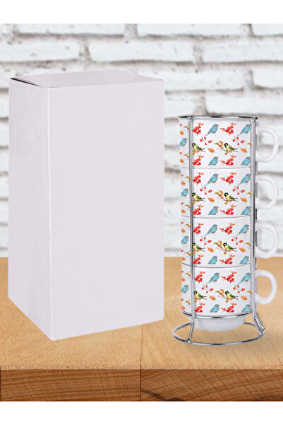 Deep Craft طقم ديب كرافت مكون من 4 أكواب مع حامل مسدود مطبوع عليه طيور طقم 4 ...