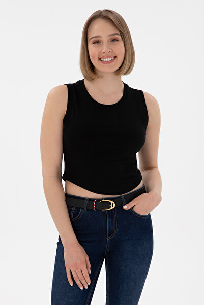 U.S. Polo Assn. Kadın Siyah Kolsuz Bisiklet Yaka Crop Basic Tişört 50305695-VR046