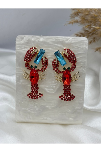 Yıldız Accessory Red Crystal Lobster Earrings with Blue Stone
