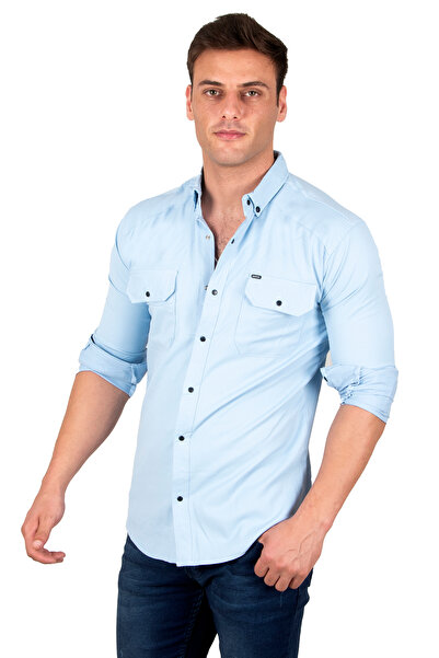 DeepSEA Ανδρικό πουκάμισο Ice Blue Lycra με λεπτές ραβδώσεις με διπλή τσέπη 2300421