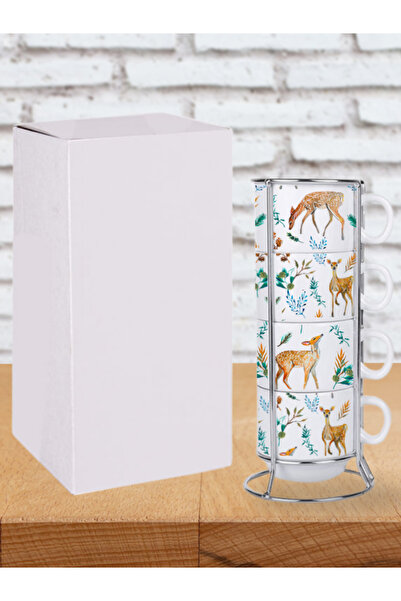 Deep Craft طقم ديب كرافت مكون من 4 أكواب مع حامل مطبوع عليه غزال 4 قطع طقم أكواب 190 مل