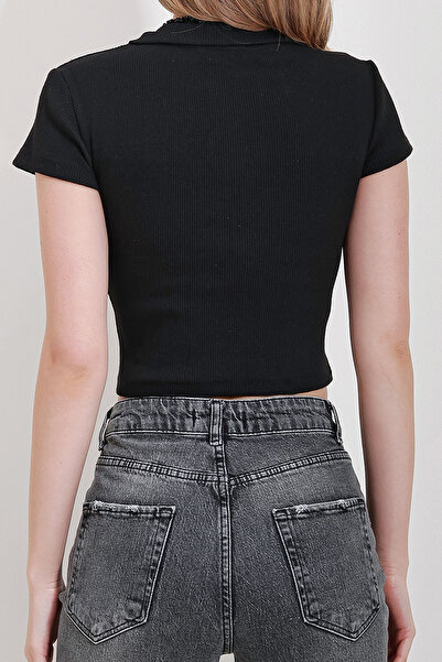 VAGGON Women's Black Polo Neck Basic Crop Blouse Prmx11548