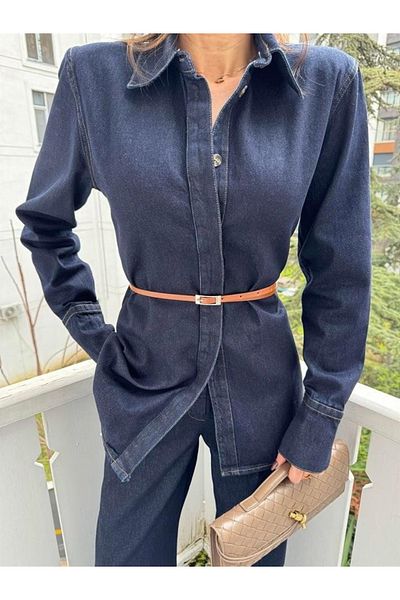 My Blog Navy Blue Belted Padded Denim Suit - 8636