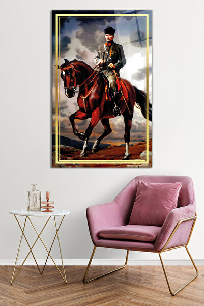 İsb Tekno Ambalaj Gold Şeritli At Üzerinde Atatürk Portresi Cam Tablo, Temper...