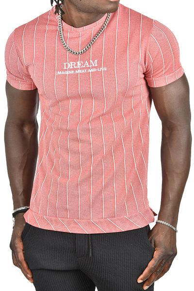 Rizz up Men's Red Front Embroidered Kilt and Ribbed Striped Slim Fit T-Shirt with Sleeves 2302258