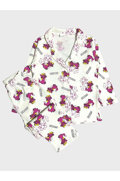 ALİŞ KİDS Set de pijamale pentru fete, 100% bumbac, alb, cu modele de pisici drăguțe, guler de cămașă