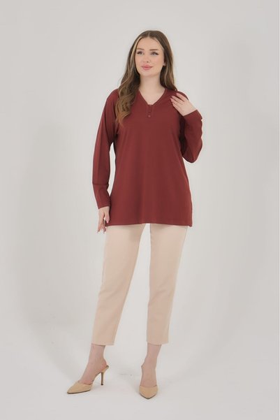 Fresh&Moda Women's V-Neck Lycra Large Size Middle Age Mother Combed Cotton Blouse