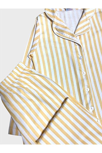 ALİŞ KİDS Kız Çocuk %100 Pamuklu Sarı Beyaz Çizgili Gömlek Yaka Boydan Düğmeli Mevsimlik Pijama Takımı