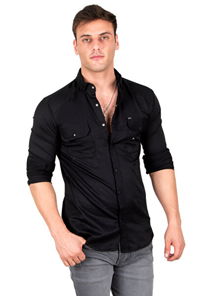 DeepSEA Ανδρικό πουκάμισο με διπλή τσέπη με λεπτό ριμπ, μαύρο Lycra 2300421
