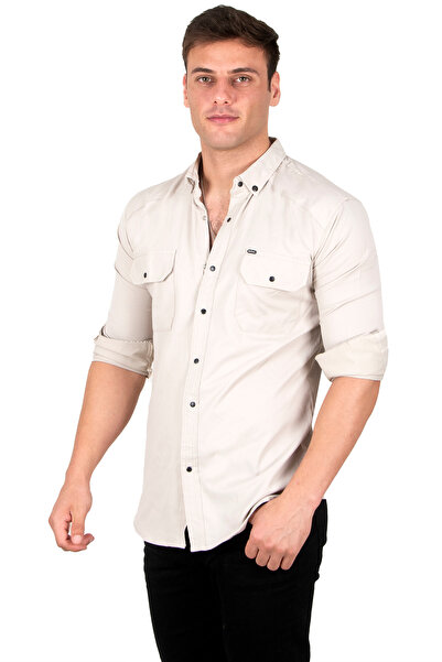 DeepSEA Ανδρικό πουκάμισο διπλής τσέπης σε μπεζ Lycra με λεπτό ραβδωτό κούμπωμα 2300421
