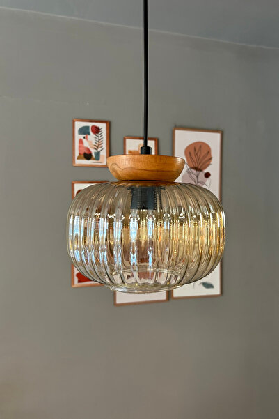 Bamyum Mola Cam Bal Rengi Tekli Avize Tabak Ahşap Başlık Retro Sarkıt Lamba Restoran Salon Aydınlatma