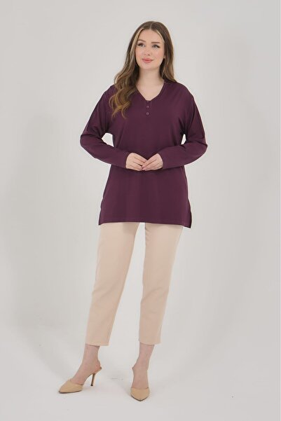 Fresh&Moda Γυναικεία χτενισμένη βαμβακερή μπλούζα με λαιμόκοψη V Lycra Plus Size Μεσήλικας Mother