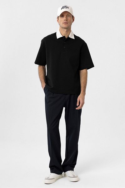 Antioch Black Contrast Collar Interlock Textured Men's T-Shirt