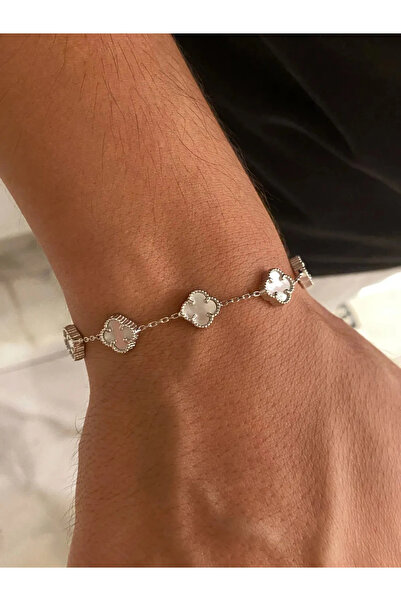 vogutima Erkek Kadın Gümüş Bileklik - 4 Yapraklı Yonca 5'li Taşlı • Işıklı Kutuda • Sevgiliye • Eşe