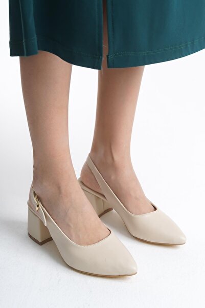 Bak Store Beige Skin Gold Buckle Detailed Women's Thick Heeled Shoes