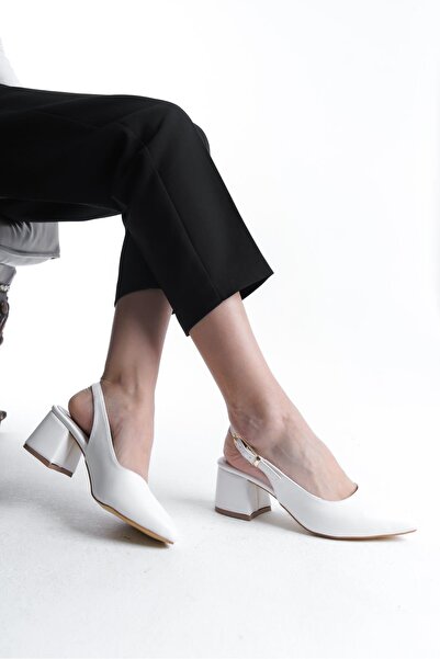 Bak Store White Patent Leather Gold Buckle Detailed Women's Thick Heeled Shoes