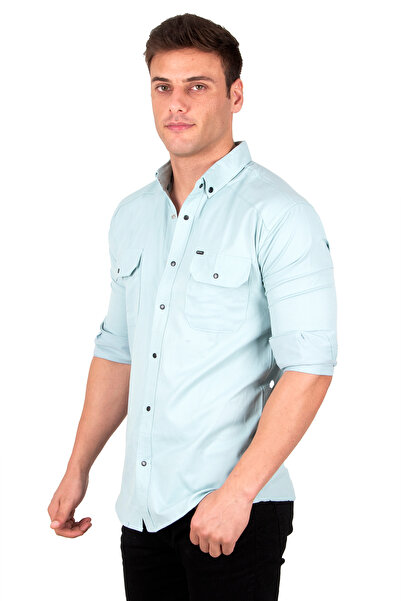 DeepSEA Ανδρικό πουκάμισο από βαμβακερό πράσινο εφαρμοστό με λεπτή εφαρμογή, με κουμπωτά κουμπιά ελαστικό ύφασμα Gabardine πουκάμισο 2300421