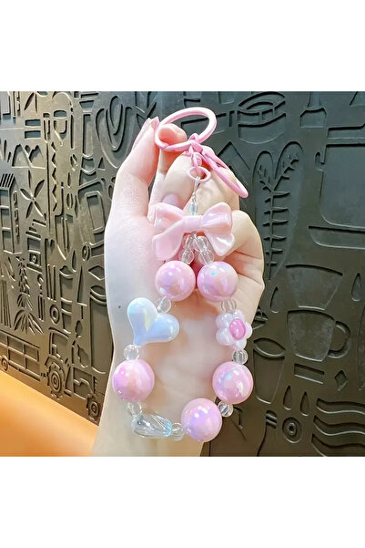 NAİL ART Breloc cu mărgele de culoare roz cu fundă de fluture și model de ini...