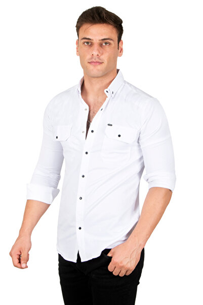DeepSEA Ανδρικό πουκάμισο με διπλή τσέπη με λεπτό ριμπ λευκό Lycra 2300421
