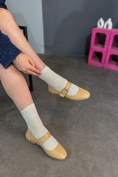 SHOEBELLAS Seai Cream Gold Buckle Λεπτομερείς γυναικείες μπαλαρίνες