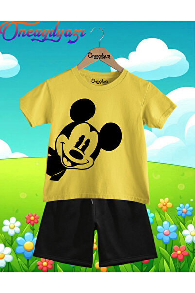 oneagılyazı Yanda Mickey Mouse Štampano Oversize kroj Dječje šortseve T-shirt...