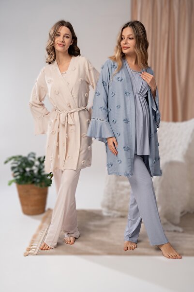 Pelin Kadın Dantel Detaylı Gizli Emzirme Özellikli Lohusa Hamile 3'Lü Pijama ...