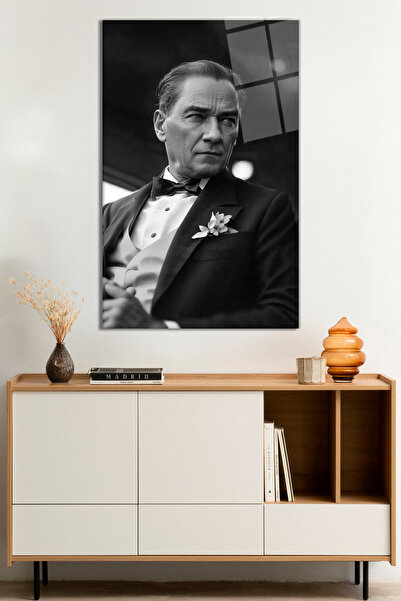 Vitrovelo Siyah Beyaz Yapay Zeka Atatürk Portresi Cam Tablo, Darbelere Dayanıklı Kırılmaz Cam, Hediyelik