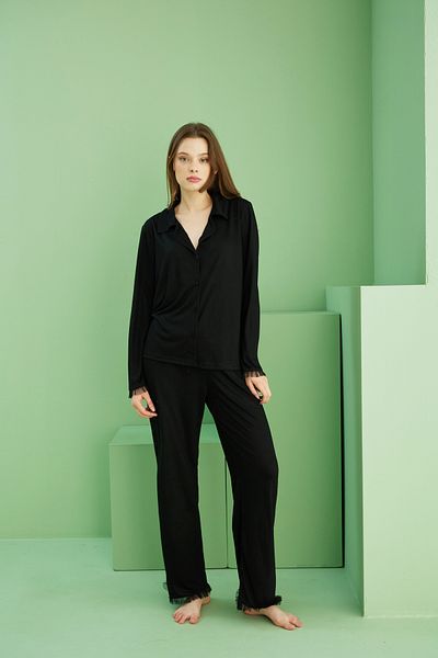 Siyah İnci Black Tulle Detailed Shirt Collar Buttoned Long Sleeve Viscose Knitted Pajama Set7826