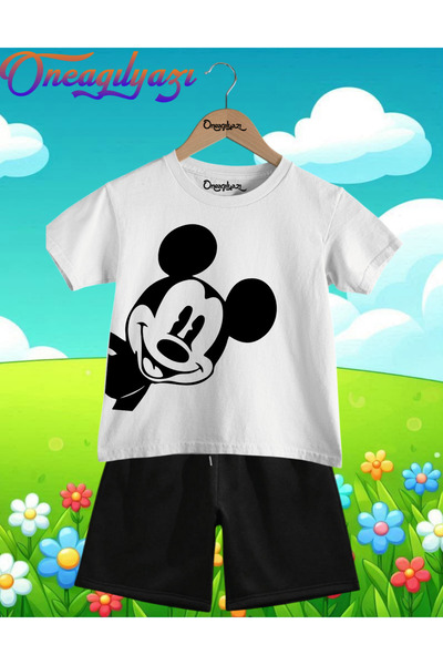 oneagılyazı Yanda Mickey Mouse Štampano Oversize kroj Dječje šortseve T-shirt...