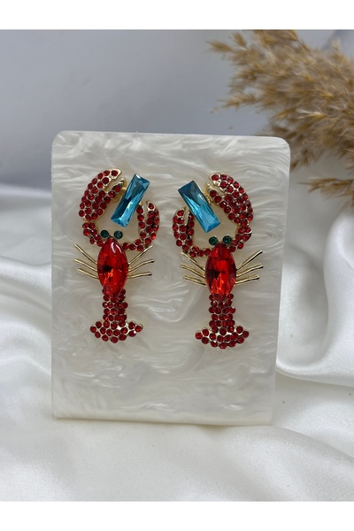 Yıldız Accessory Red Crystal Lobster Earrings with Blue Stone