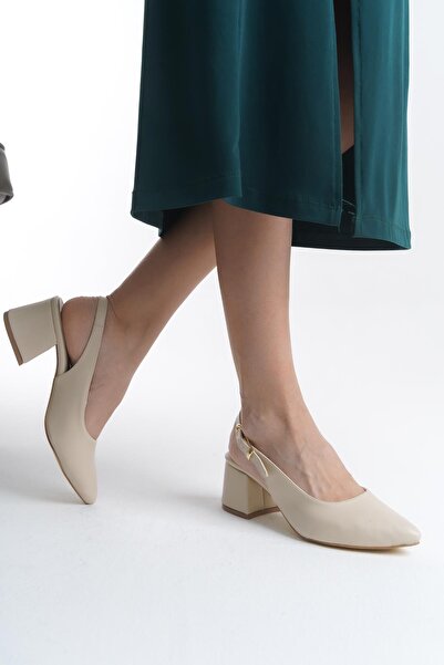 Bak Store Beige Skin Gold Buckle Detailed Women's Thick Heeled Shoes