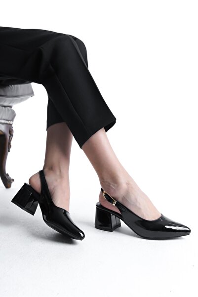 Bak Store Black Patent Leather Gold Buckle Detailed Women's Thick Heeled Shoes