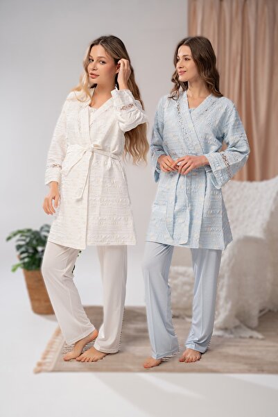 Pelin طقم بيجامة للنساء الحوامل مكون من 3 قطع منسوجة ومزينة بالدانتيل
