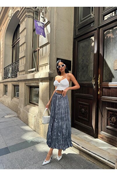 Maldia Shop Women's Wrinkled Fabric Long Anthracite Skirt with Elastic Waist