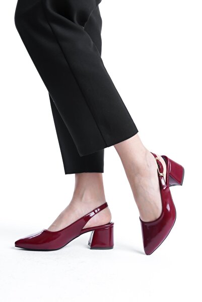 Bak Store Cherry Red Claret Red Patent Leather Gold Buckle Detailed Women's Thick Heeled Shoes
