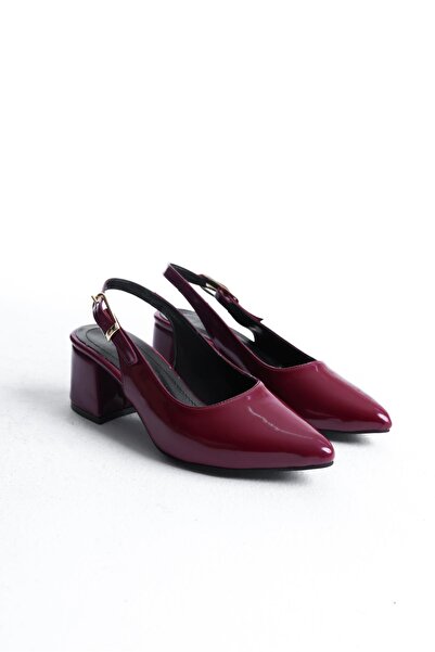 Bak Store Cherry Red Claret Red Patent Leather Gold Buckle Detailed Women's Thick Heeled Shoes