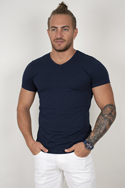 Rizz up Erkek Lacivert V Yaka Likralı Dar Kesim Basic Düz Tişört 1801165