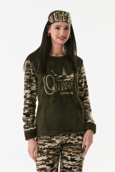 Fulla Moda Σετ Πιτζάμες Queen Text Κεντημένο Καμουφλάζ Fleece