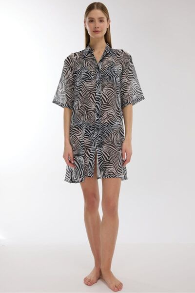 AYYILDIZ 4805 Black and White Patterned Beach Dress