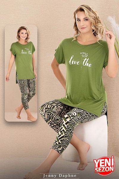 Jenny Daphne Set de pijamale capri cu mânecă scurtă, cu mânecă scurtă, cu imprimeu de culoare verde, 12075