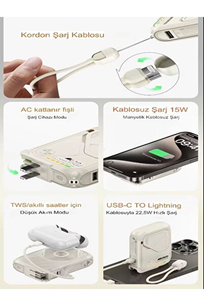 ÇELİKWORK 5'in 1 PD 22.5W Hızlı Şarj Powerbank - 10000mAh, Kablolu ve Kablosuz Standlı Çoklu Fişli Şarj Cihazı