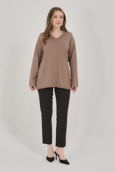 Fresh&Moda Women's V-Neck Lycra Large Size Middle Age Mother Combed Cotton Blouse