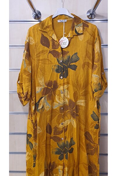 Park Moda Keten Gömlek Elbise Yaprak Desen