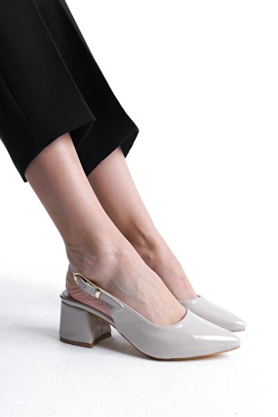 Bak Store Beige Patent Leather Gold Buckle Detailed Women's Thick Heeled Shoes