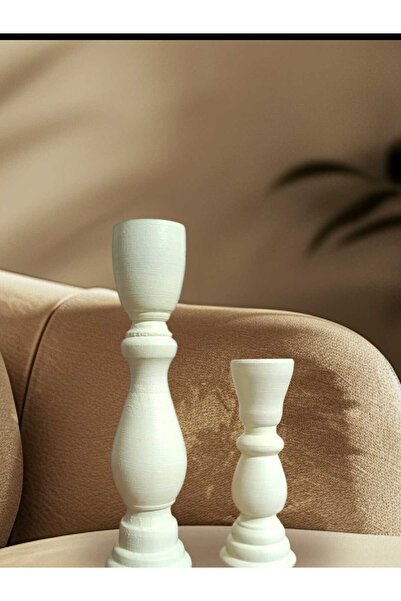 MeBa ConCept Doğal Ahşap Şamdan Krem Vintage English 2'li Modern Tasarım
