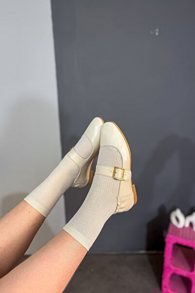 SHOEBELLAS Seai Beige Gold Buckle Detailed Women's Ballerinas