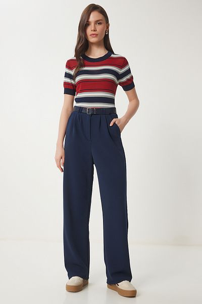 Lovelyİstanbul Belted Comfortable Palazzo Knitted Trousers Dark Blue Lrv0093