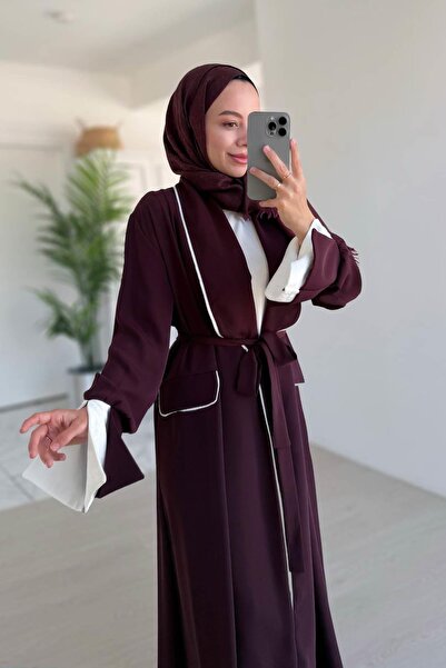 Ka Hijab Burgundy Piping Detail Laced Abaya
