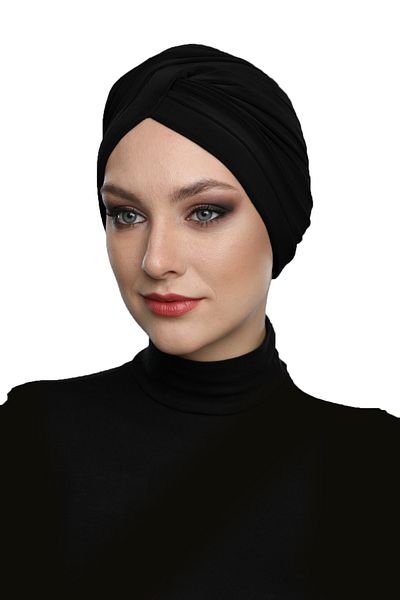 fidan bone Cross W Ribbed Back Strap Black Ready-Made Turban Hijab Pool Cap