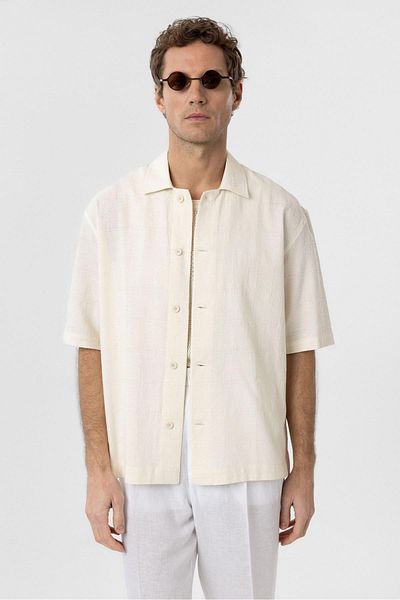 Antioch Ecru Textured Jacquard Cotton Men's Short Sleeve Shirt